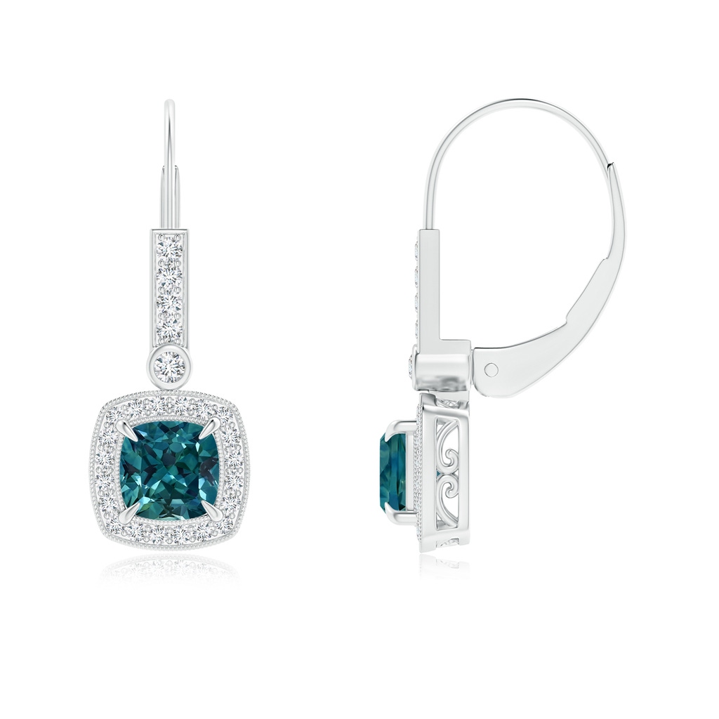 5mm AAA Vintage-Inspired Cushion Teal Montana Sapphire Leverback Earrings in White Gold