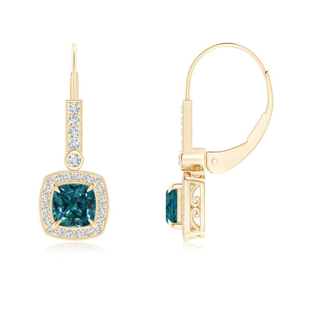 5mm AAA Vintage-Inspired Cushion Teal Montana Sapphire Leverback Earrings in Yellow Gold