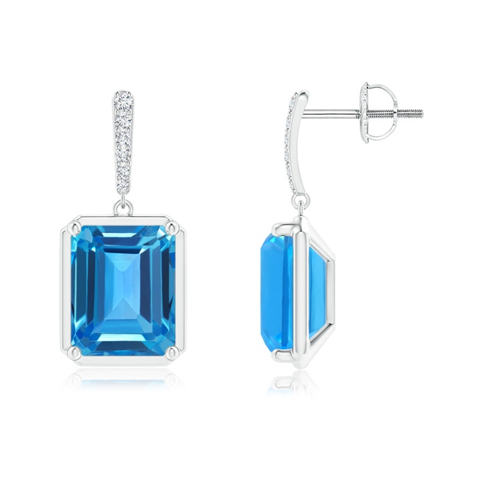 10x8mm AAAA Emerald-Cut Swiss Blue Topaz Dangle Earrings with Diamonds in White Gold