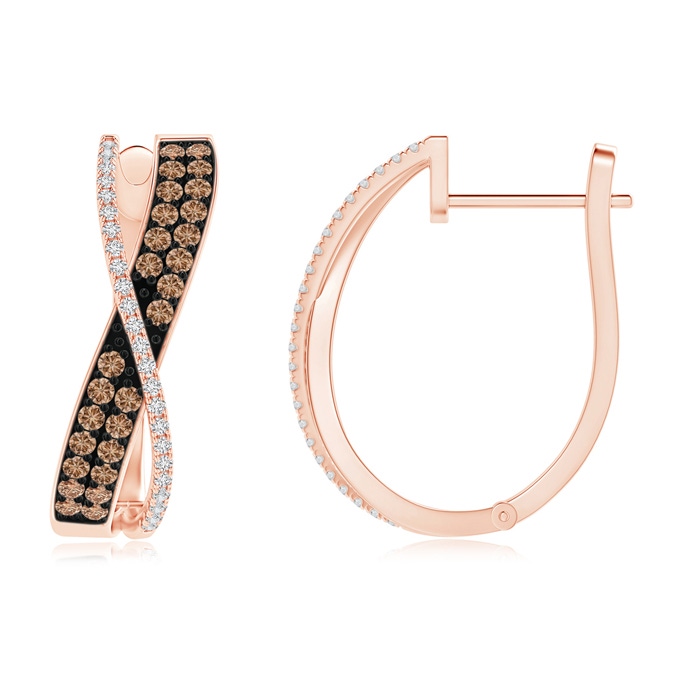 1.6mm AAA Coffee and White Diamond Crossover Hoop Earrings in Rose Gold