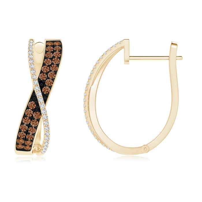 1.6mm AAAA Coffee and White Diamond Crossover Hoop Earrings in Yellow Gold