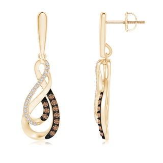1.3mm AAA Coffee and White Diamond Intertwined Infinity Drop Earrings in Yellow Gold