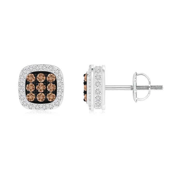 1.4mm AAA Coffee Diamond Clustre Earrings with Cushion Halo in White Gold 