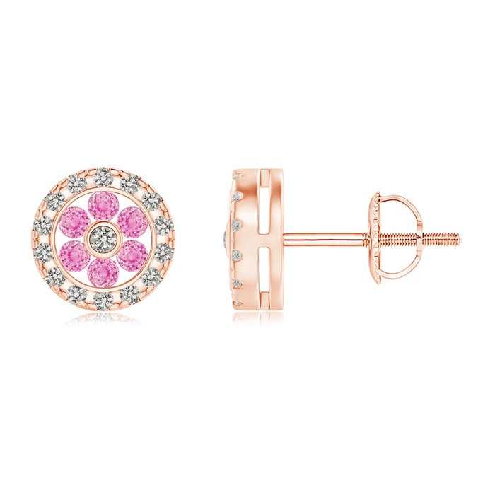 1.5mm A Channel-Set Pink Sapphire Flower Studs with Diamond Halo in Rose Gold 