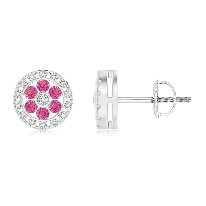 1.5mm AAA Channel-Set Pink Sapphire Flower Studs with Diamond Halo in 10K White Gold
