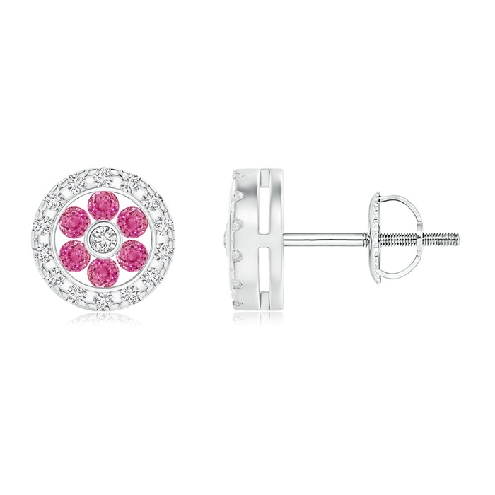 1.5mm AAA Channel-Set Pink Sapphire Flower Studs with Diamond Halo in 10K White Gold 