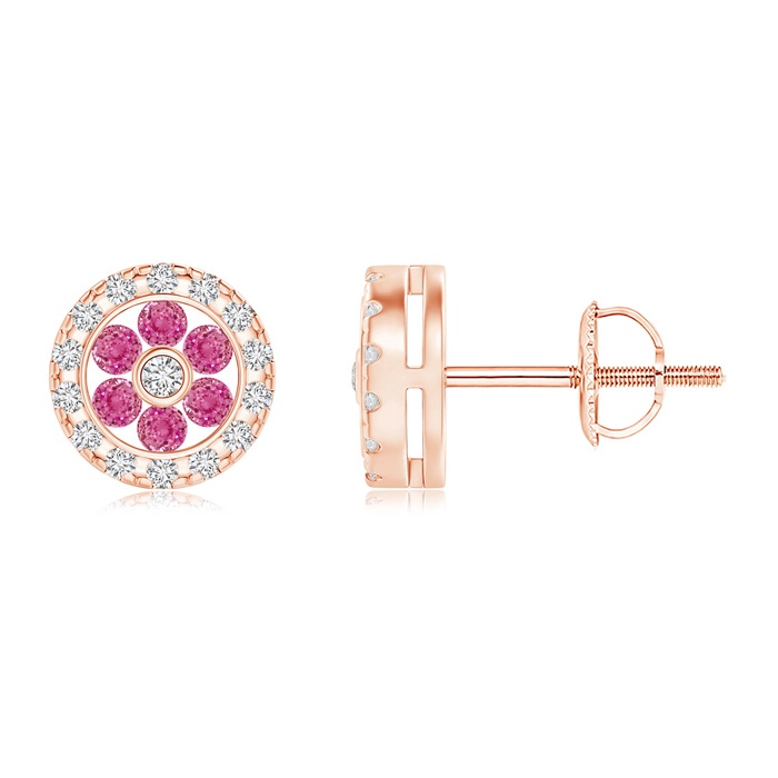 1.5mm AAA Channel-Set Pink Sapphire Flower Studs with Diamond Halo in Rose Gold