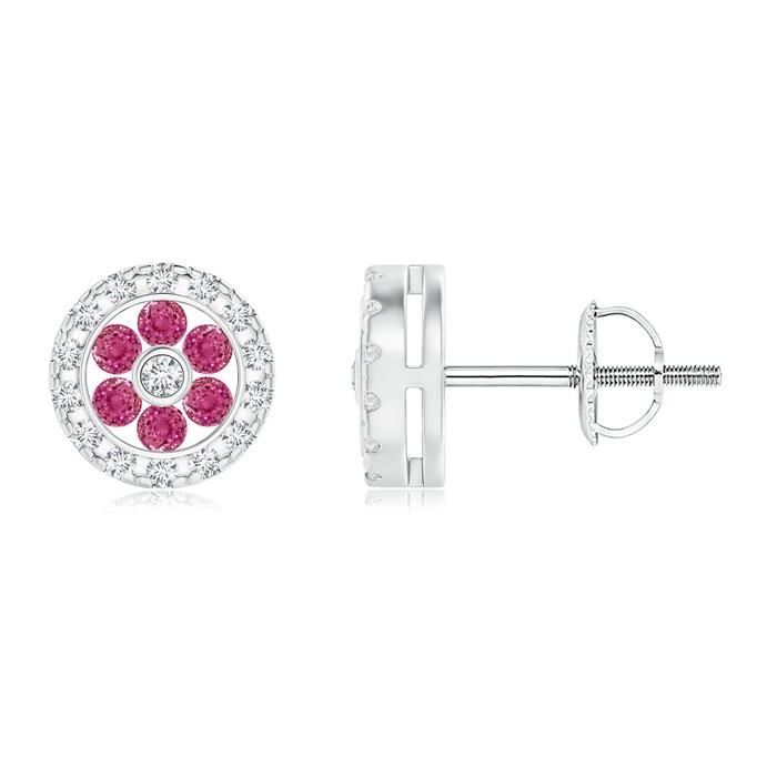 1.5mm AAAA Channel-Set Pink Sapphire Flower Studs with Diamond Halo in White Gold