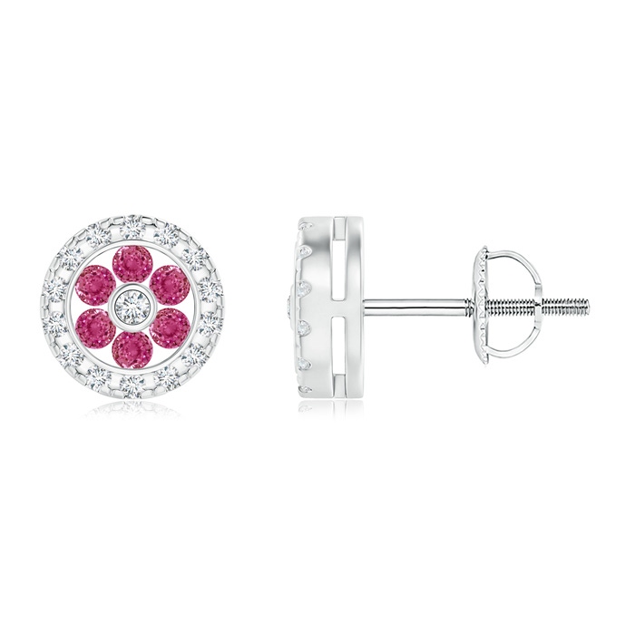 1.5mm AAAA Channel-Set Pink Sapphire Flower Studs with Diamond Halo in White Gold 