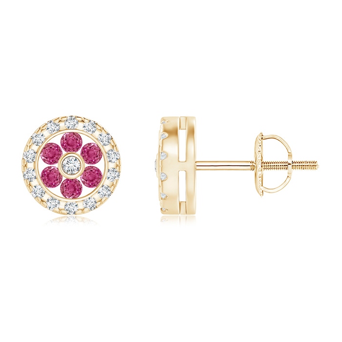 1.5mm AAAA Channel-Set Pink Sapphire Flower Studs with Diamond Halo in Yellow Gold