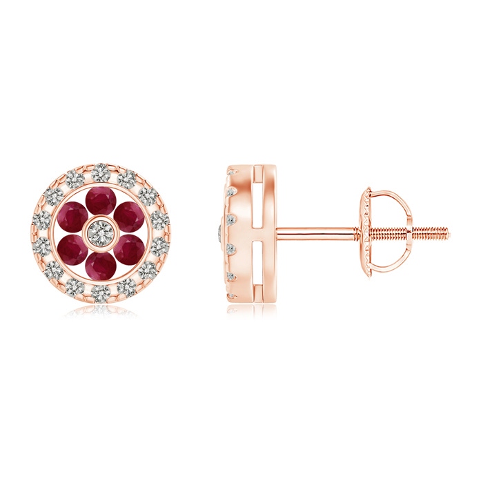 1.5mm A Channel-Set Ruby Flower Studs with Diamond Halo in Rose Gold 