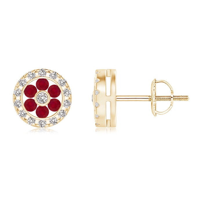 1.5mm AA Channel-Set Ruby Flower Studs with Diamond Halo in Yellow Gold 