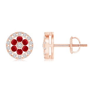 1.5mm AAA Channel-Set Ruby Flower Studs with Diamond Halo in Rose Gold