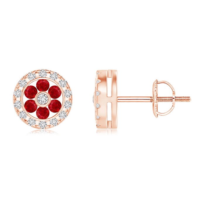 1.5mm AAA Channel-Set Ruby Flower Studs with Diamond Halo in Rose Gold 