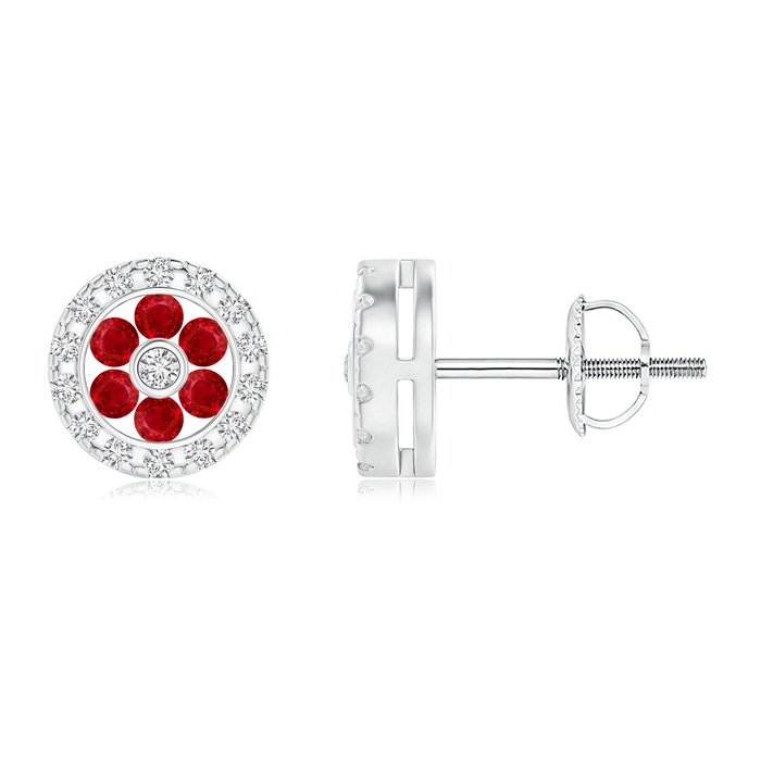 1.5mm AAA Channel-Set Ruby Flower Studs with Diamond Halo in White Gold 