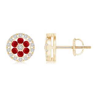 1.5mm AAA Channel-Set Ruby Flower Studs with Diamond Halo in Yellow Gold