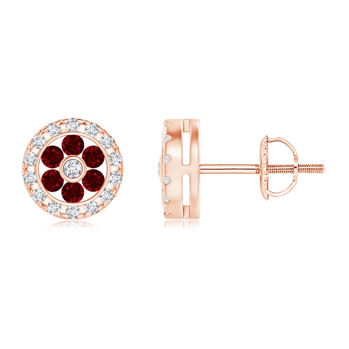 1.5mm AAAA Channel-Set Ruby Flower Studs with Diamond Halo in Rose Gold 