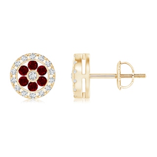 1.5mm AAAA Channel-Set Ruby Flower Studs with Diamond Halo in Yellow Gold