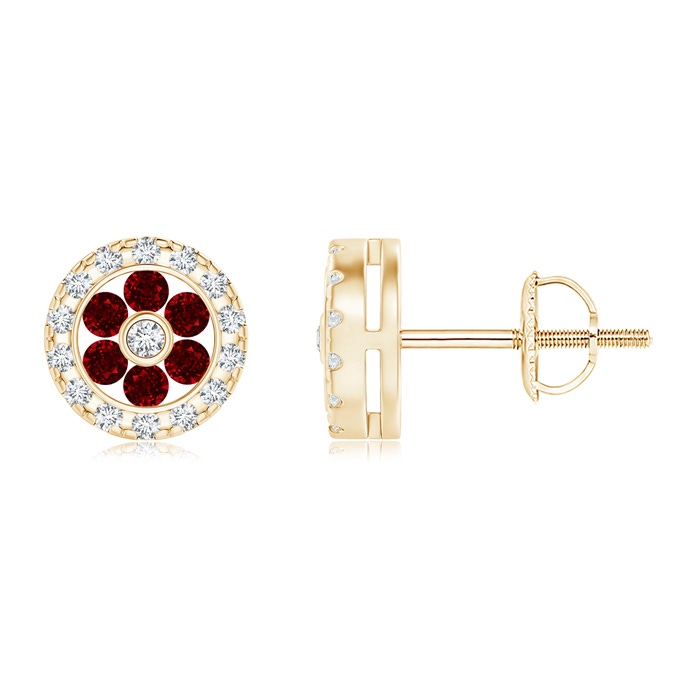 1.5mm AAAA Channel-Set Ruby Flower Studs with Diamond Halo in Yellow Gold 