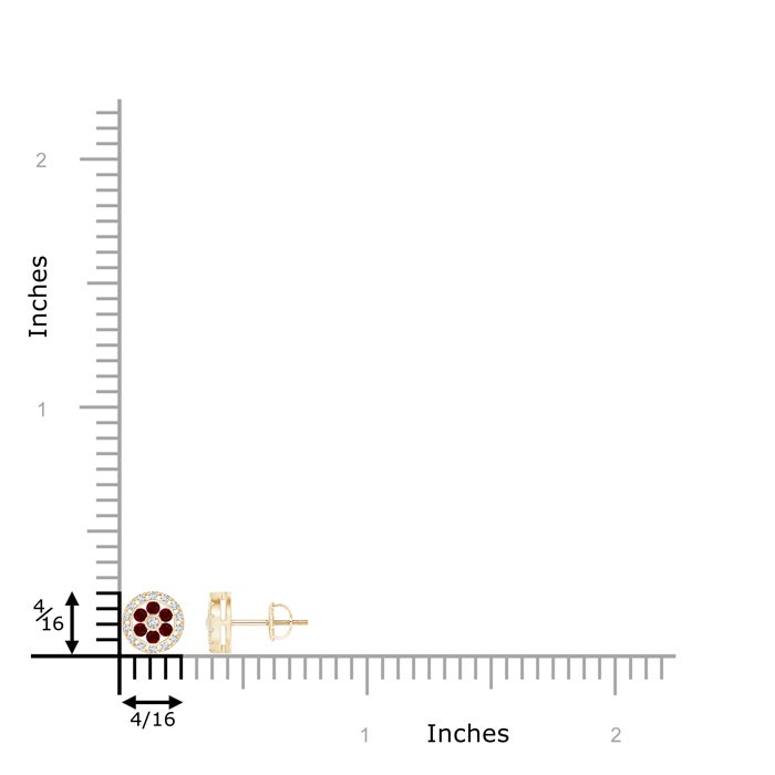 1.5mm AAAA Channel-Set Ruby Flower Studs with Diamond Halo in Yellow Gold - ruler