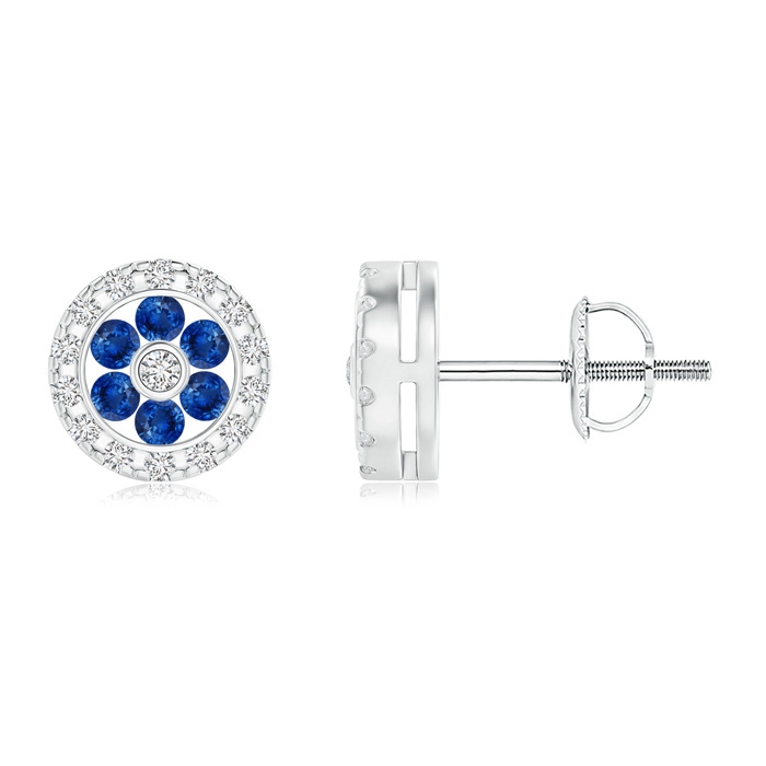 1.5mm AAA Channel-Set Sapphire Flower Studs with Diamond Halo in White Gold 