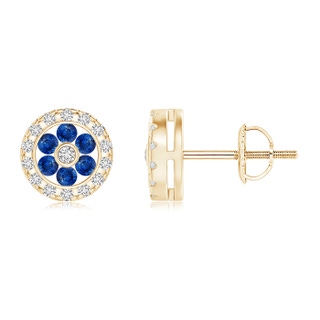 1.5mm AAA Channel-Set Sapphire Flower Studs with Diamond Halo in Yellow Gold