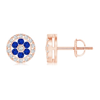 1.5mm AAAA Channel-Set Sapphire Flower Studs with Diamond Halo in Rose Gold