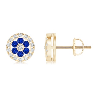 1.5mm AAAA Channel-Set Sapphire Flower Studs with Diamond Halo in Yellow Gold