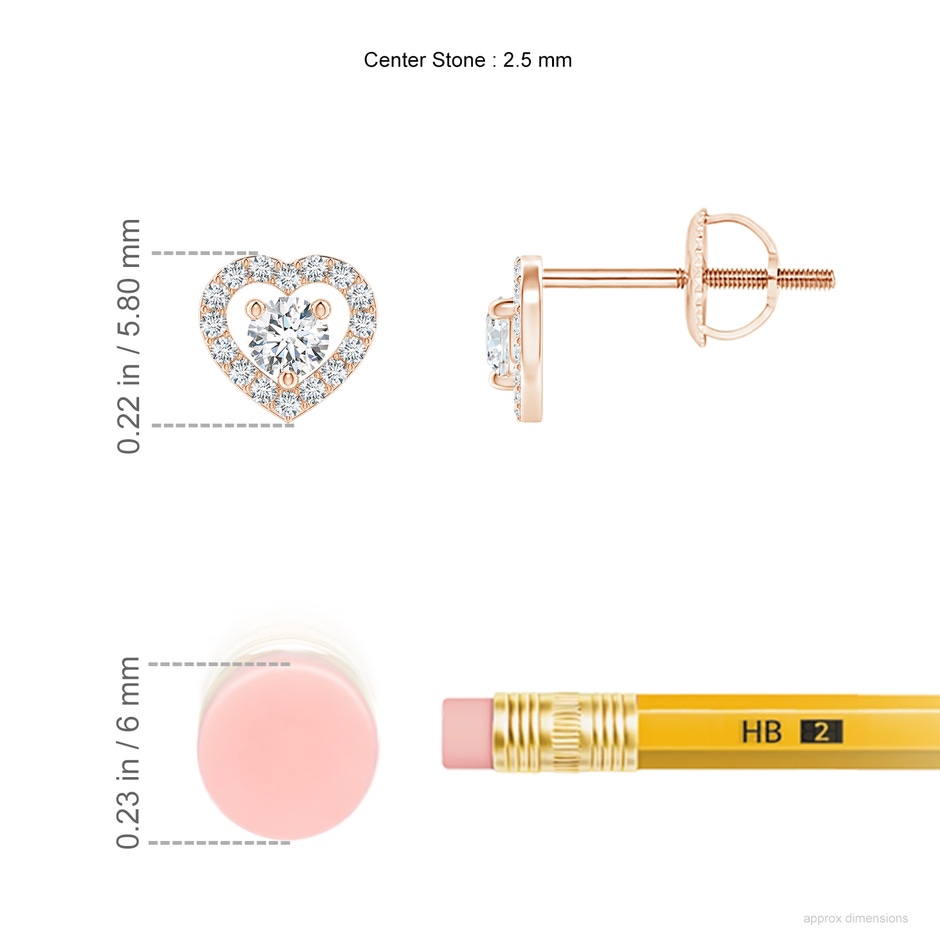 2.5mm GVS2 Solitaire Diamond Open Heart Studs with Accents in Rose Gold ruler