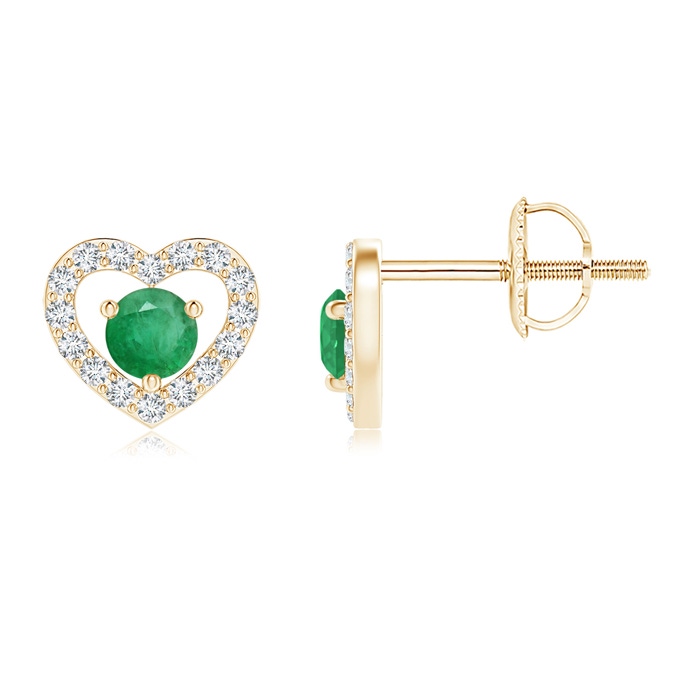 2.5mm A Solitaire Emerald Open Heart Studs with Diamonds in Yellow Gold 