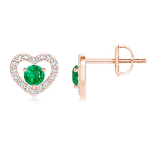 2.5mm AAA Solitaire Emerald Open Heart Studs with Diamonds in Rose Gold