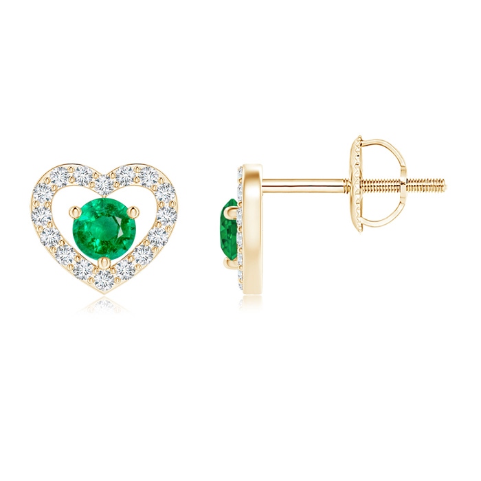 2.5mm AAA Solitaire Emerald Open Heart Studs with Diamonds in Yellow Gold 