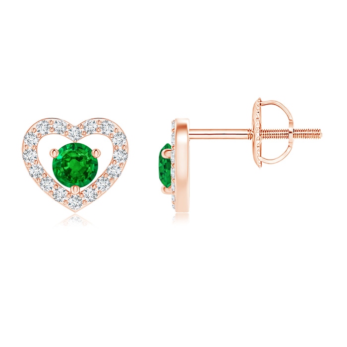 2.5mm AAAA Solitaire Emerald Open Heart Studs with Diamonds in Rose Gold