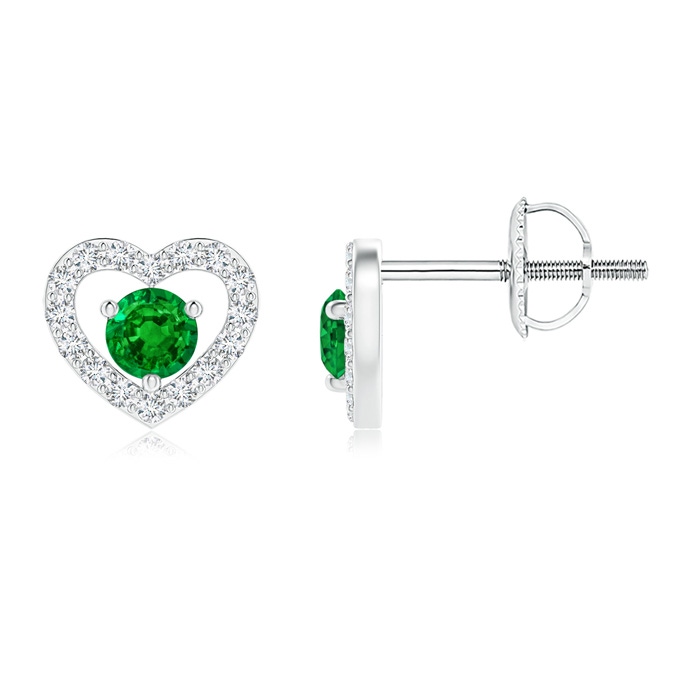 2.5mm AAAA Solitaire Emerald Open Heart Studs with Diamonds in White Gold