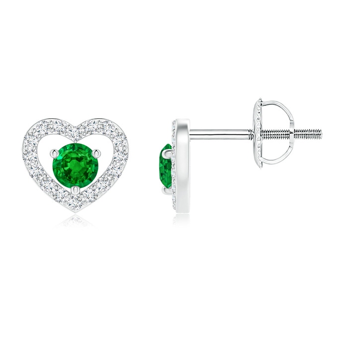 2.5mm AAAA Solitaire Emerald Open Heart Studs with Diamonds in White Gold 