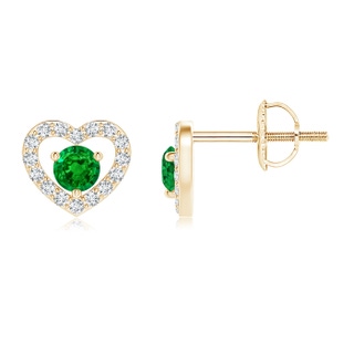 2.5mm AAAA Solitaire Emerald Open Heart Studs with Diamonds in Yellow Gold