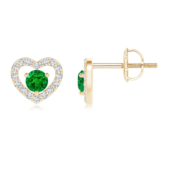 2.5mm AAAA Solitaire Emerald Open Heart Studs with Diamonds in Yellow Gold 