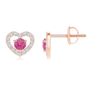 2.5mm AAA Solitaire Pink Sapphire Open Heart Studs with Diamonds in Rose Gold
