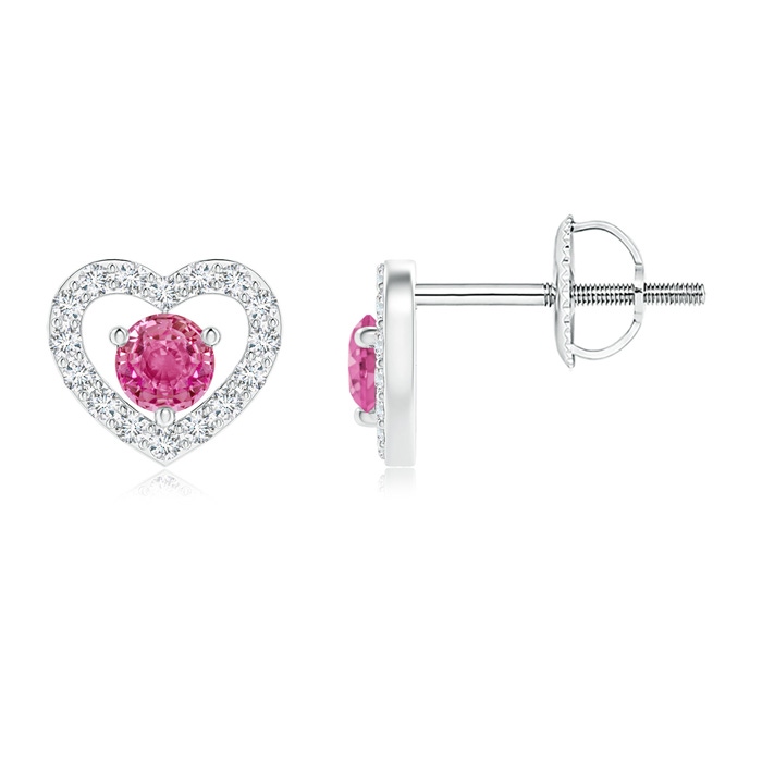 2.5mm AAA Solitaire Pink Sapphire Open Heart Studs with Diamonds in White Gold 