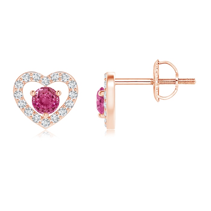 2.5mm AAAA Solitaire Pink Sapphire Open Heart Studs with Diamonds in Rose Gold
