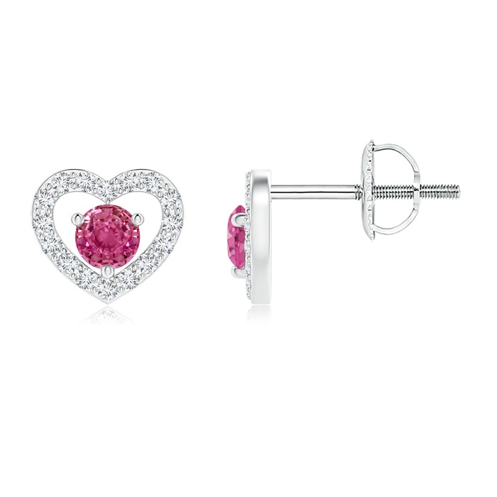 2.5mm AAAA Solitaire Pink Sapphire Open Heart Studs with Diamonds in White Gold