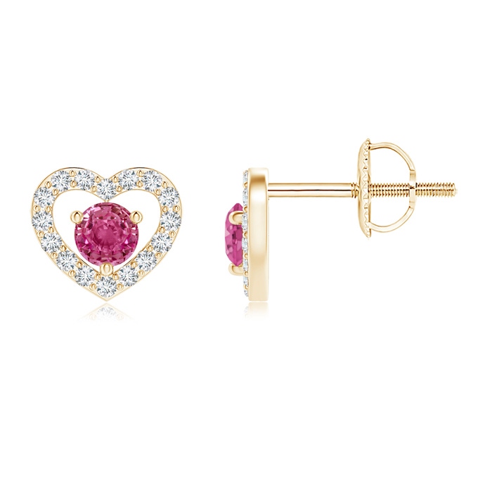 2.5mm AAAA Solitaire Pink Sapphire Open Heart Studs with Diamonds in Yellow Gold