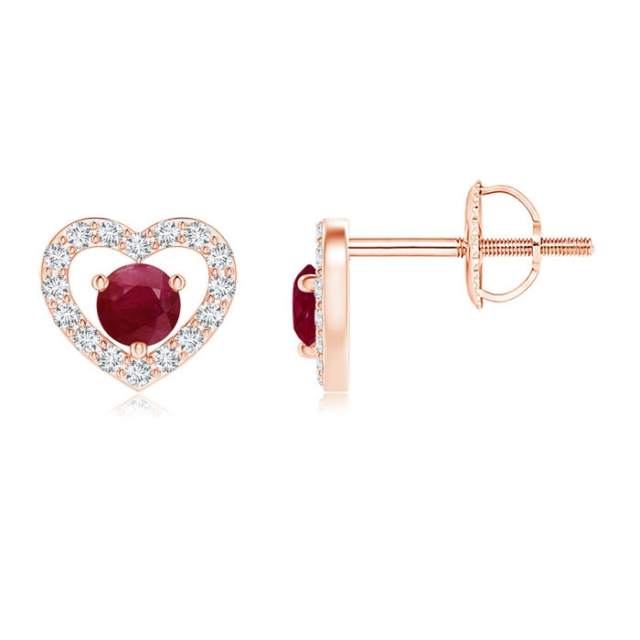 2.5mm A Solitaire Ruby Open Heart Studs with Diamonds in Rose Gold 