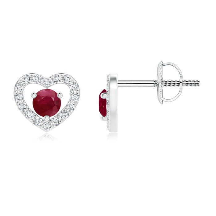 2.5mm A Solitaire Ruby Open Heart Studs with Diamonds in White Gold 