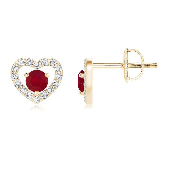 2.5mm AA Solitaire Ruby Open Heart Studs with Diamonds in Yellow Gold 