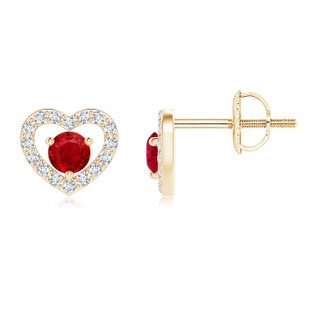 2.5mm AAA Solitaire Ruby Open Heart Studs with Diamonds in 9K Yellow Gold