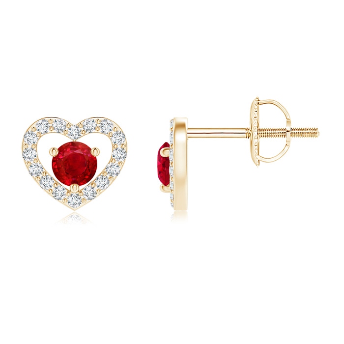 2.5mm AAA Solitaire Ruby Open Heart Studs with Diamonds in 9K Yellow Gold 