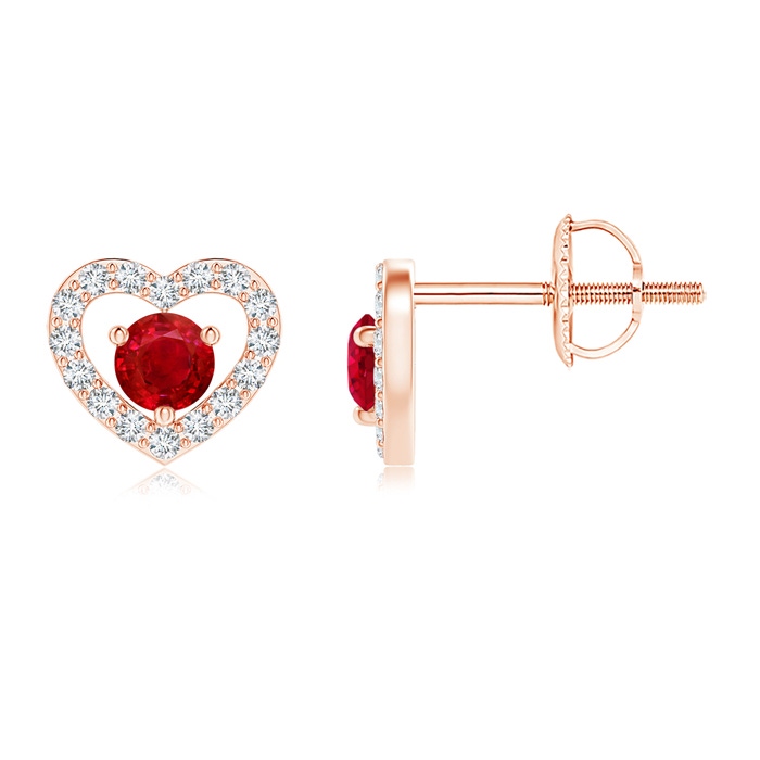 2.5mm AAA Solitaire Ruby Open Heart Studs with Diamonds in Rose Gold 
