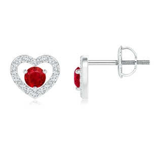 2.5mm AAA Solitaire Ruby Open Heart Studs with Diamonds in White Gold