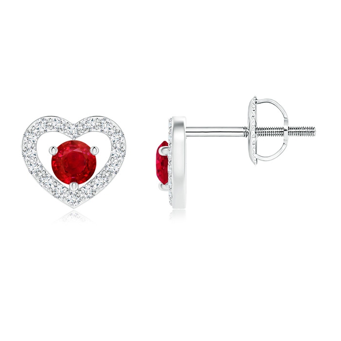 2.5mm AAA Solitaire Ruby Open Heart Studs with Diamonds in White Gold 